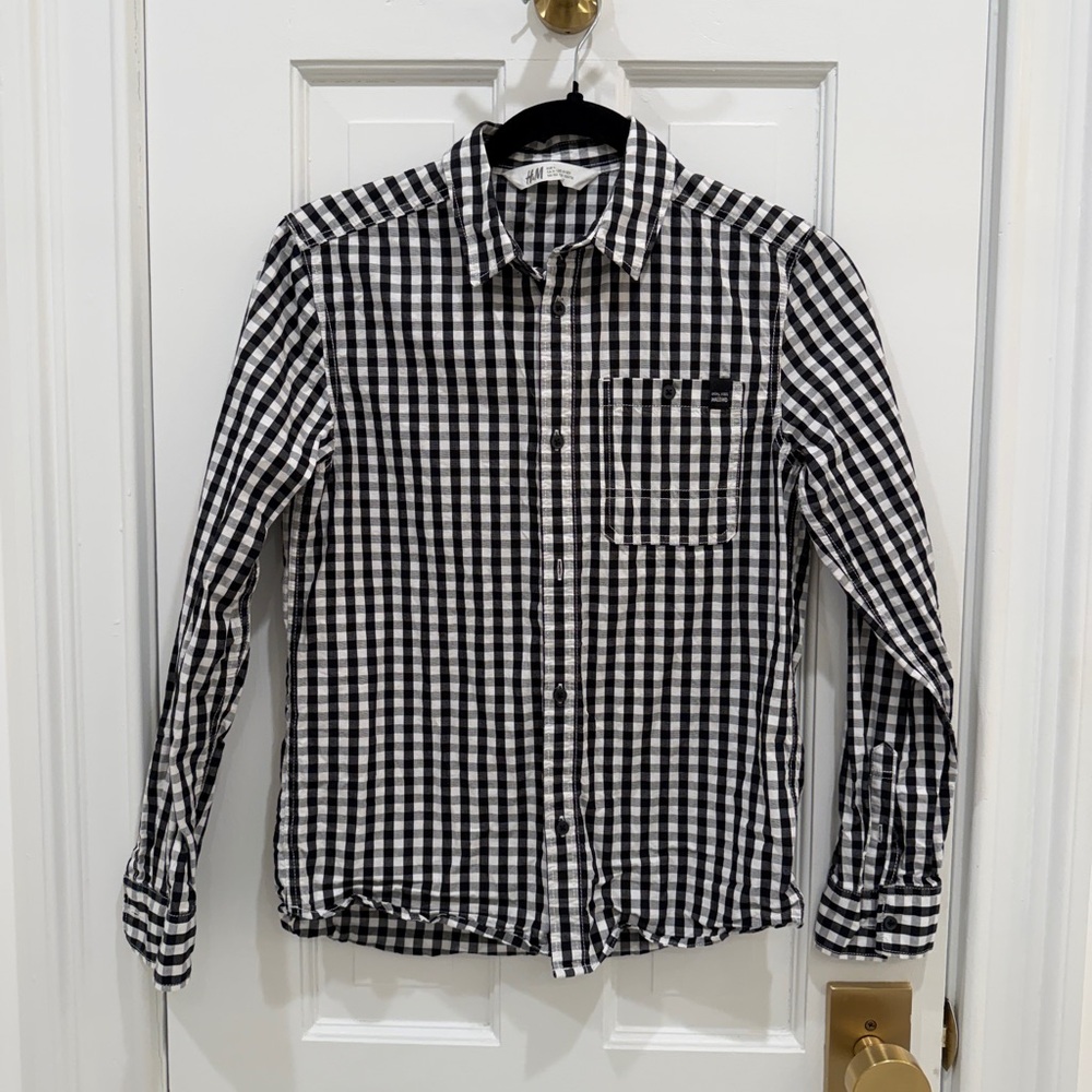 H&M Black & White Gingham Cotton Button Down Shirt Boys 11-12
